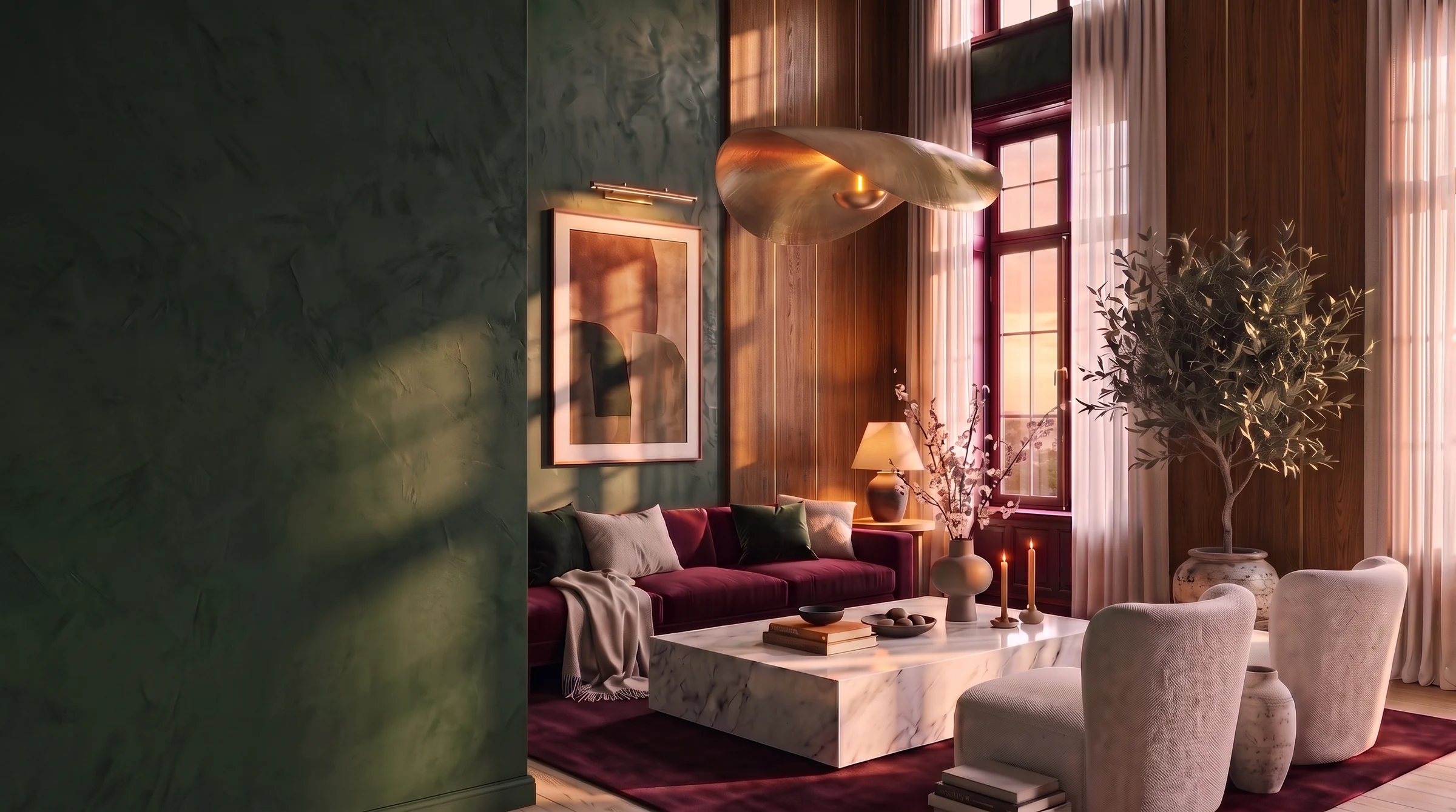 A living room at sunset: deep green plaster walls, a bordeaux velvet sofa, a marble table with books and candles, oak panelling, a large brass pendant