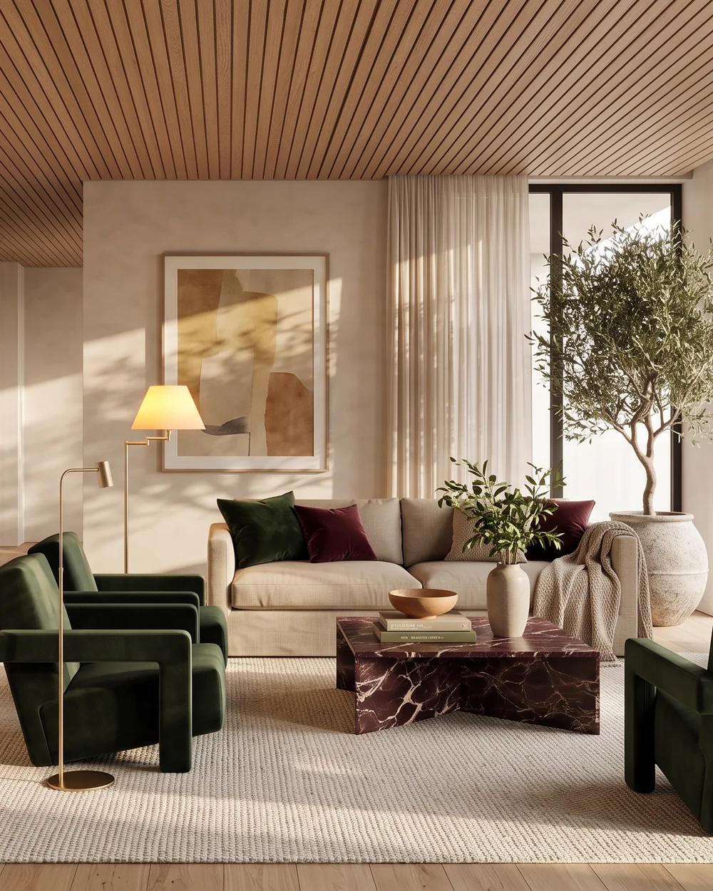 The same room furnished and styled, in warm light
