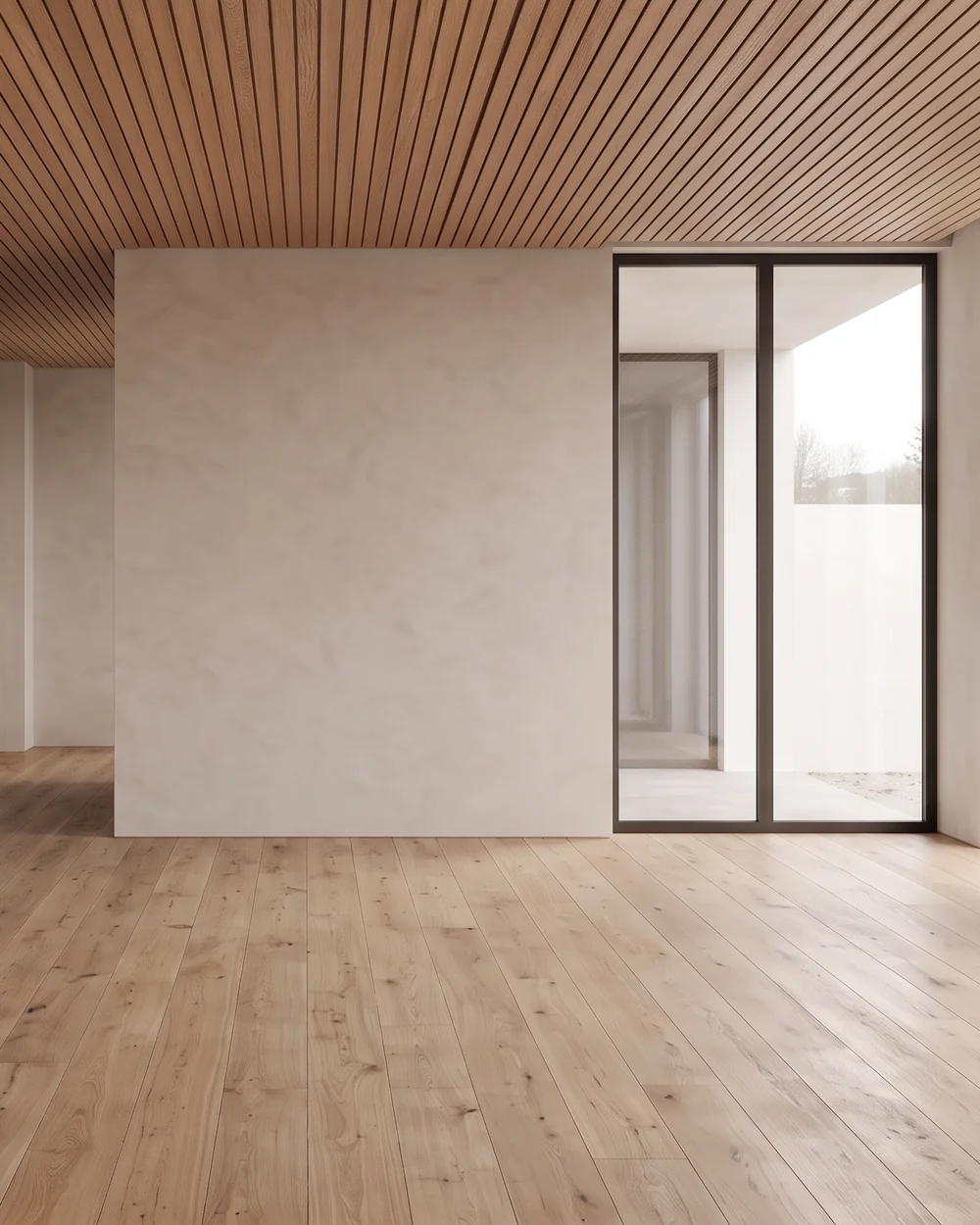 An empty living room in flat grey light