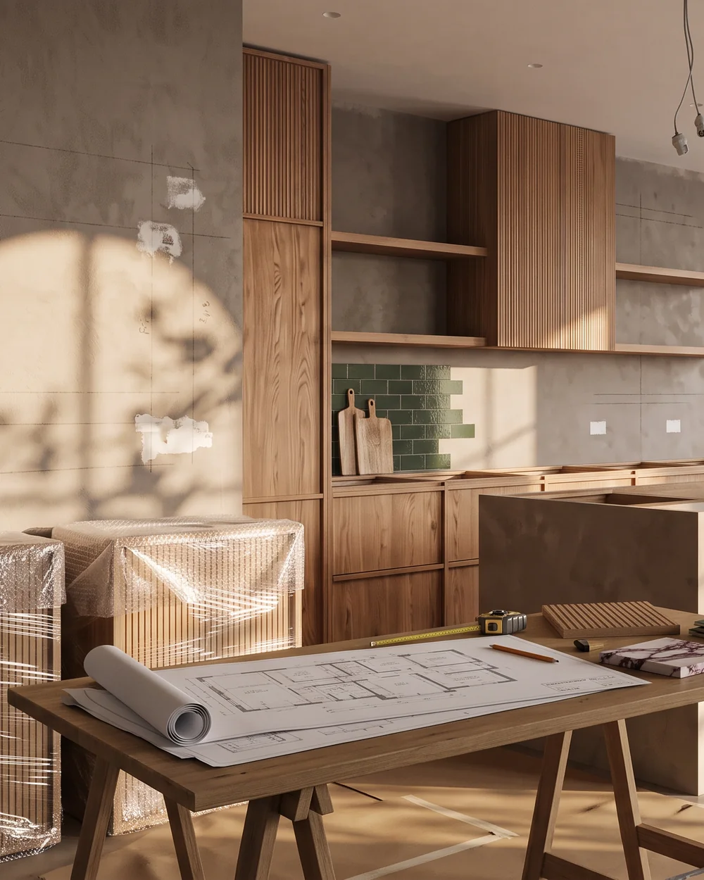 A kitchen mid-renovation: drawings and material samples on a trestle table, cabinets half installed